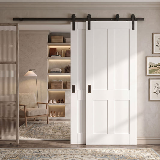 White Primed Victorian Shaker 4 Panel Bypass Sliding Door - Black Face Mounted