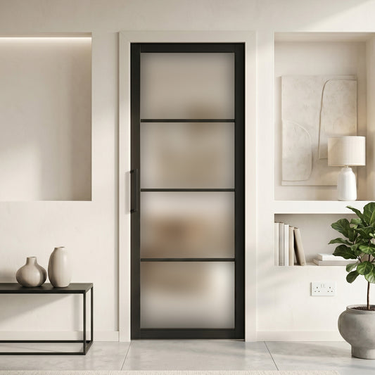 Jet Black Internal Fully Finished 4 Light Obscure Glass Industrial Studio Door