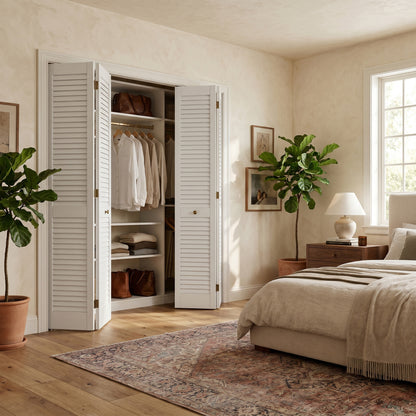 White Painted Internal 28mm Open Louvre Bi-fold Wardrobe Door Set