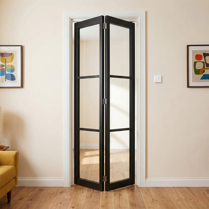 Jet Black Internal Fully Finished Industrial Studio 3 Light Clear Glass Bi-fold Door