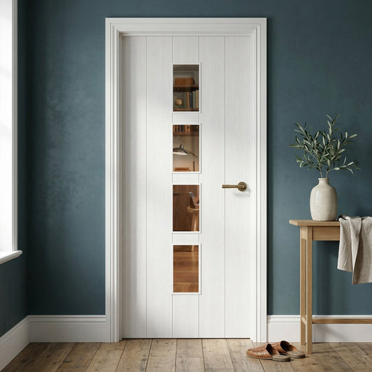 White Internal Fully Finished Cottage Laminate 4 Light Clear Glass Door