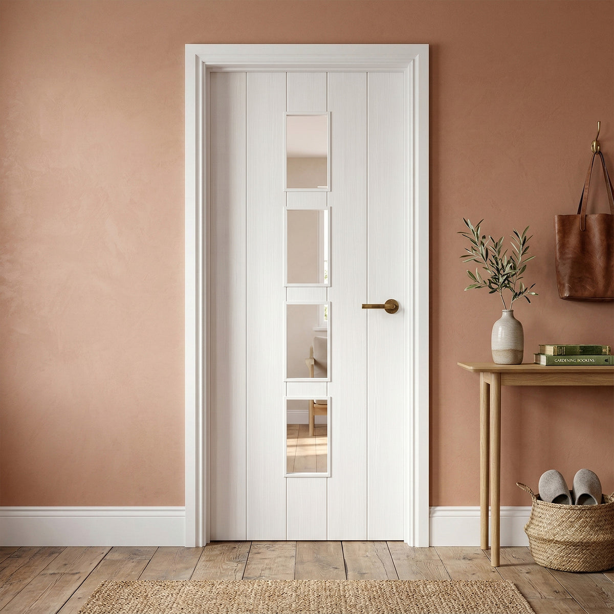 White Internal Fully Finished Cottage Woodgrain Laminate 4 Light Clear Glass Door
