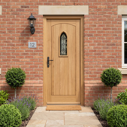 External Hardwood Unfinished Gothic Raised Mouldings Door with Feature Glass
