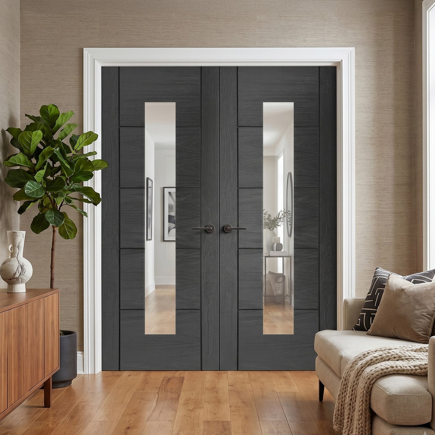 Ash Grey Internal Fully Finished Parma 1 Light Clear Glass Double Door