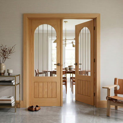Oak Internal Fully Finished Farley Arched Square Top 1 Panel 1 Light Obscure Lined Clear Glass Double Door