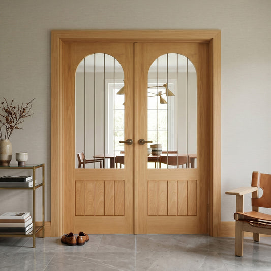 Oak Internal Fully Finished Farley Arched Square Top 1 Panel 1 Light Obscure Lined Clear Glass Double Door