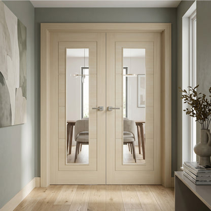 Blonde Oak Internal Fully Finished Endure Laminate Ladder Clear Glass Double Door