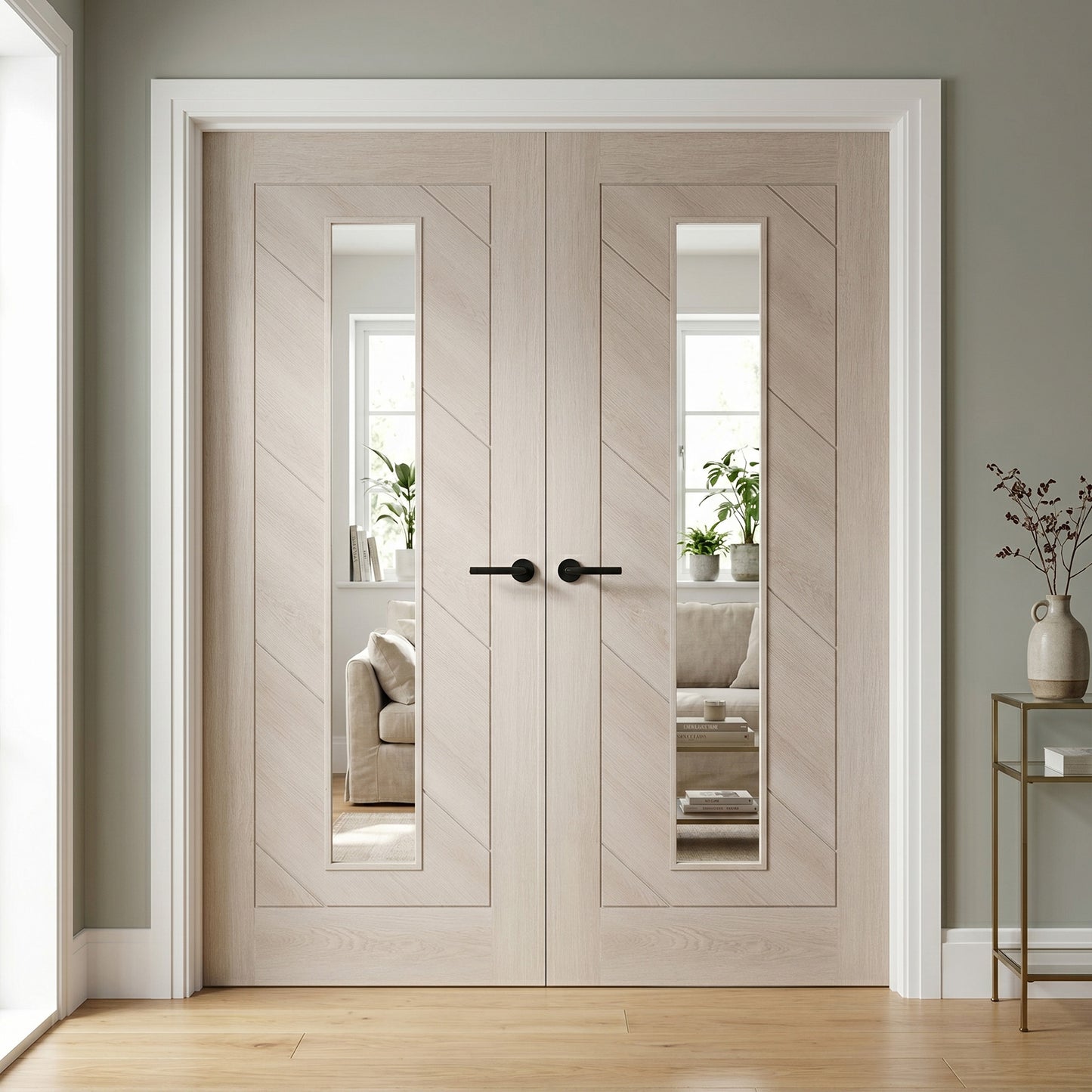 Ivory Fully Finished Internal Endure Laminate Stockholm Clear Glass Double Door