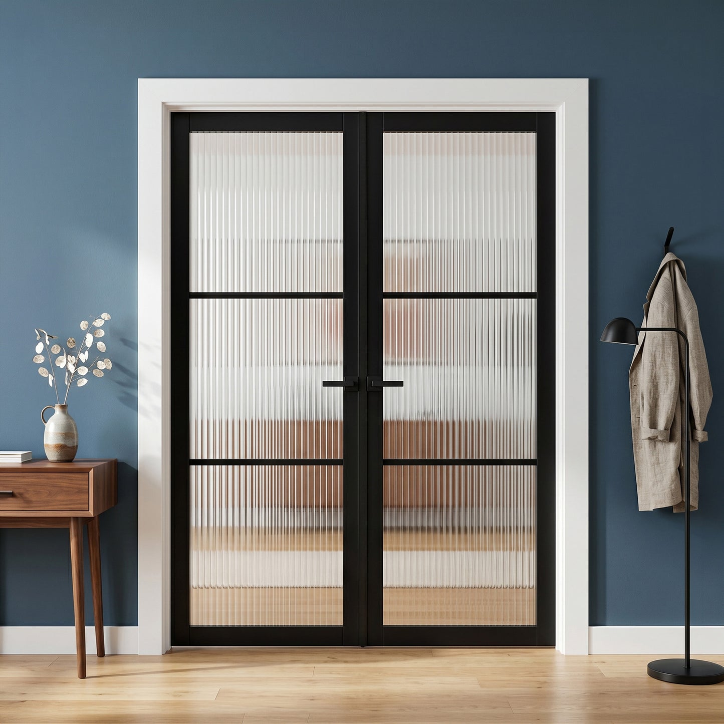 Jet Black Internal Fully Finished 3 Light Reeded Glass Industrial Studio Double Door