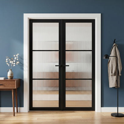 Jet Black Internal Fully Finished 3 Light Reeded Glass Industrial Studio Double Door