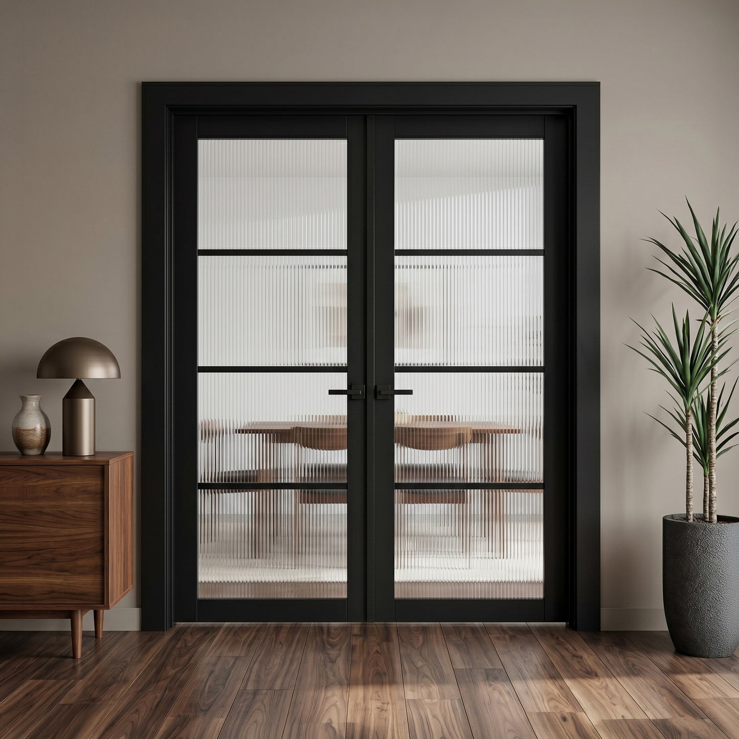 Jet Black Internal Fully Finished 4 Light Reeded Glass Industrial Studio Double Door