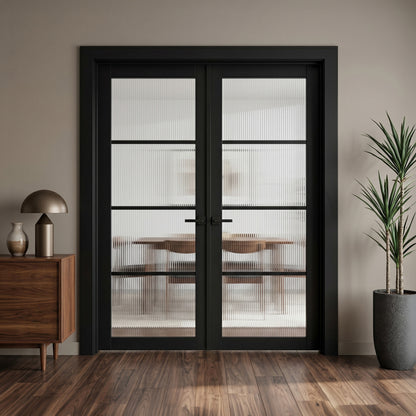 Jet Black Internal Fully Finished 4 Light Reeded Glass Industrial Studio Double Door