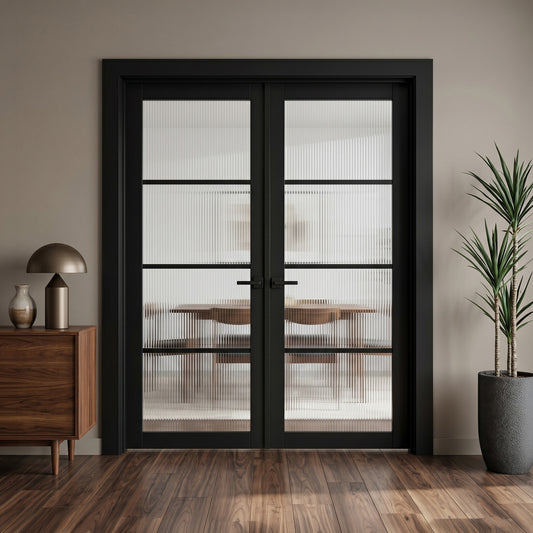 Jet Black Internal Fully Finished 4 Light Reeded Glass Industrial Studio Double Door
