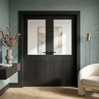 Black Internal Fully Finished Oak Chevron Clear Glass Double Door