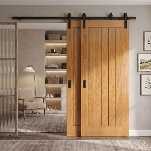 Oak Internal Fully Finished Farley Bypass Sliding Door - Black Face Mounted