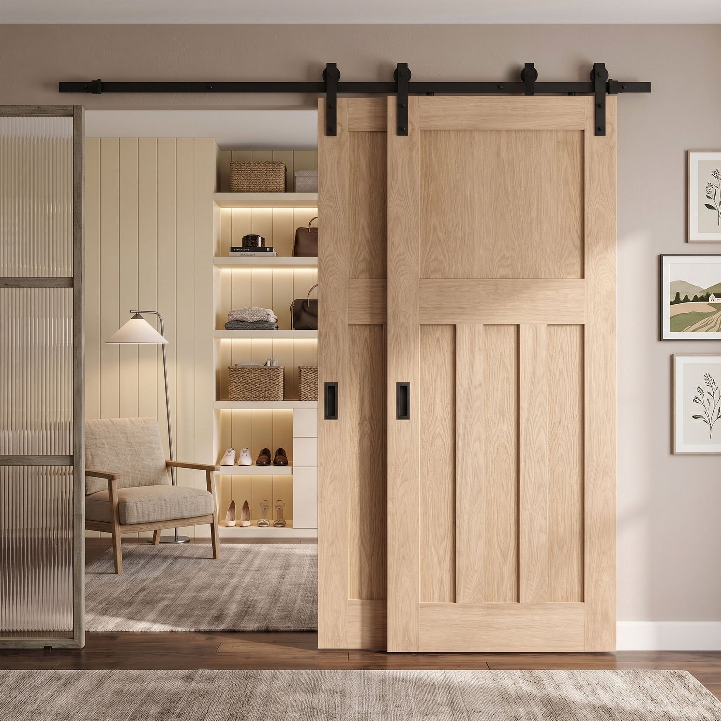 Oak Internal Unfinished 1930's DX 4 Panel Bypass Sliding Door - Black Face Mounted