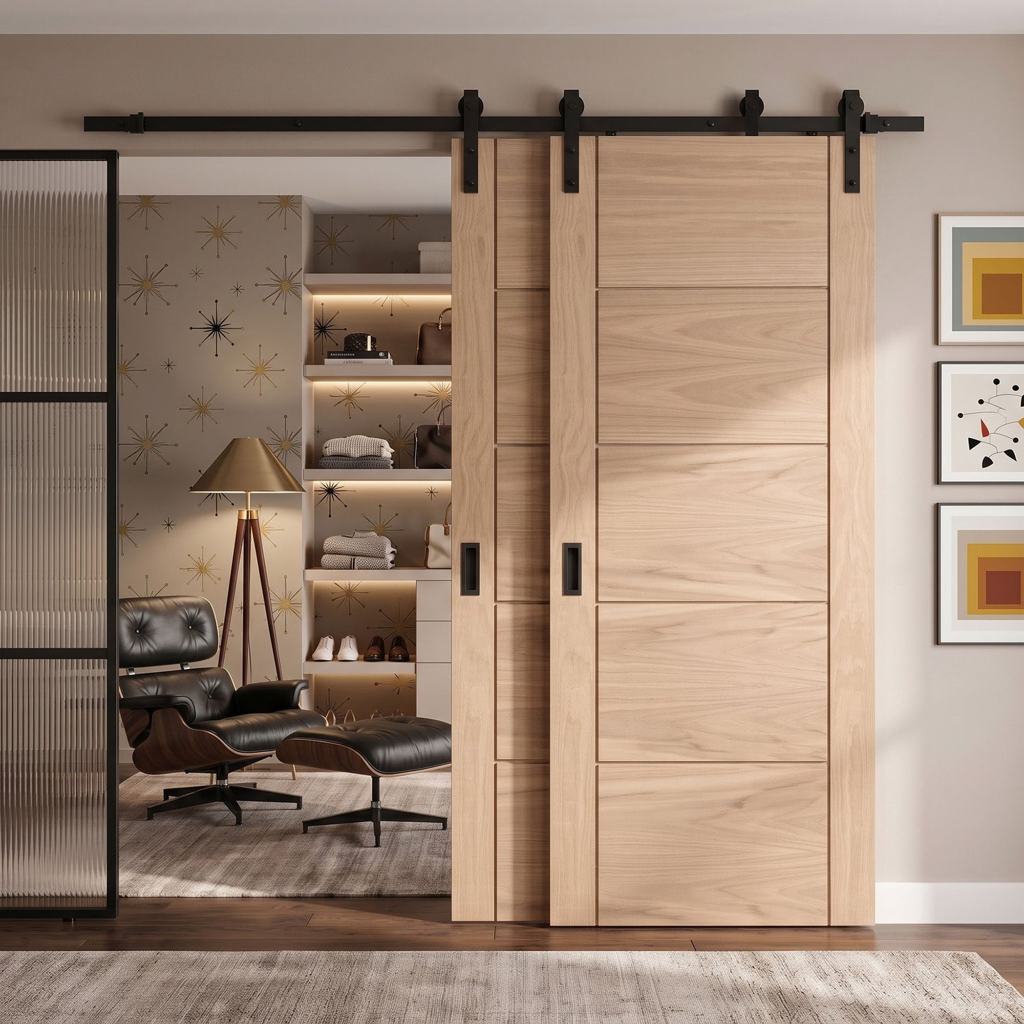Oak Internal Unfinished Parma Bypass Sliding Door - Black Face Mounted