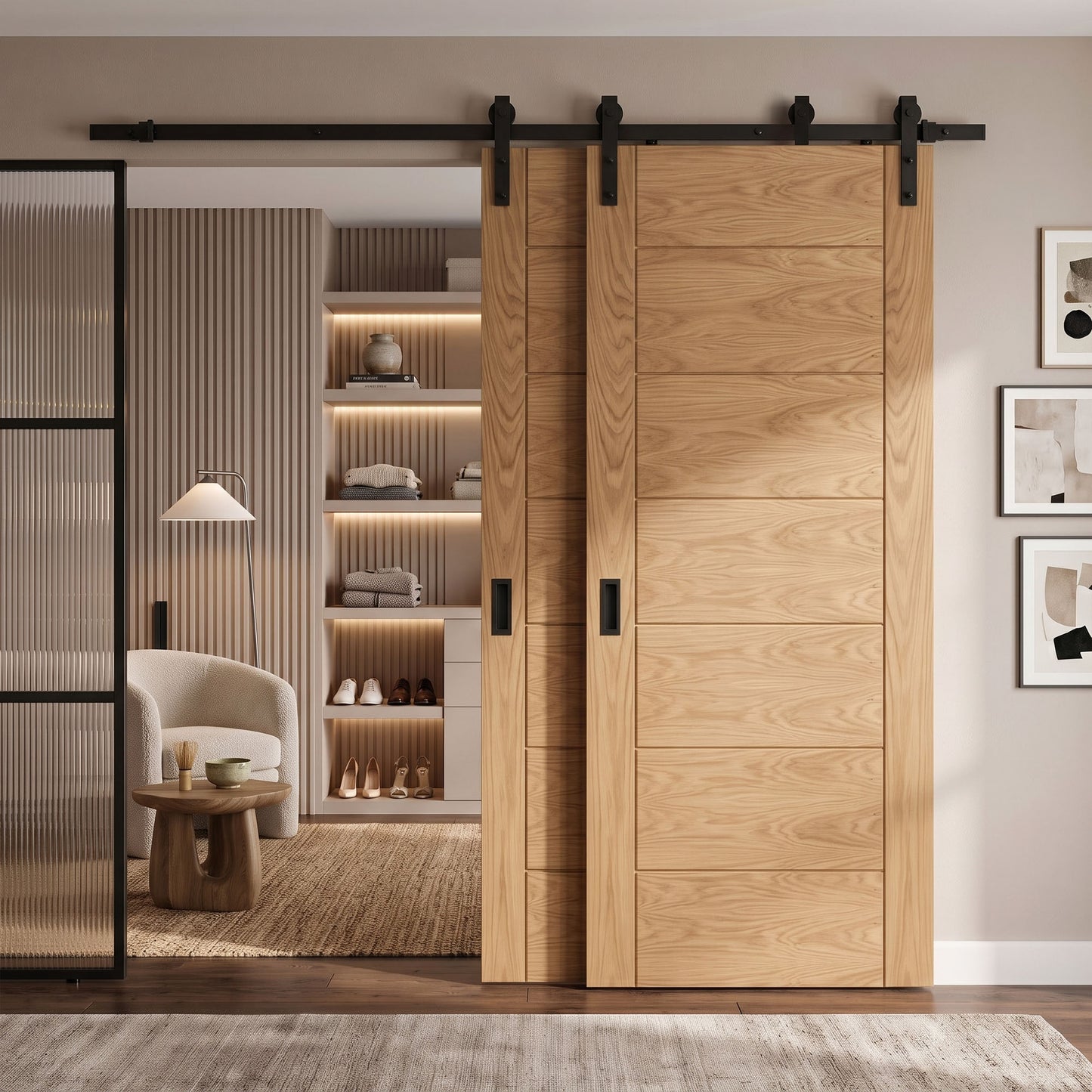 Oak Internal Fully Finished Pedrena Bypass Sliding Door - Black Face Mounted
