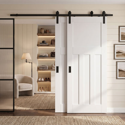 White Primed 1930's DX 4 Panel Bypass Sliding Door - Black Face Mounted