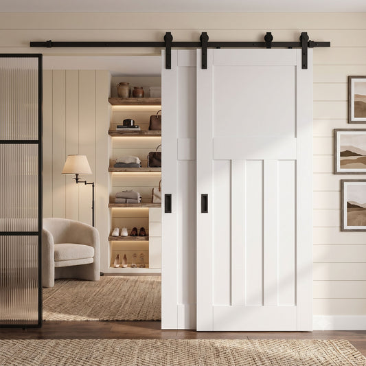 White Primed 1930's DX 4 Panel Bypass Sliding Door - Black Face Mounted