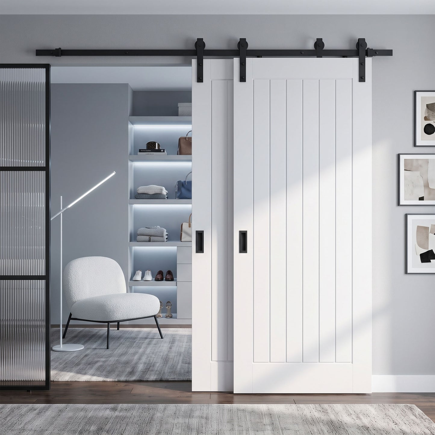 White Primed Cottage Bypass Sliding Door - Black Face Mounted