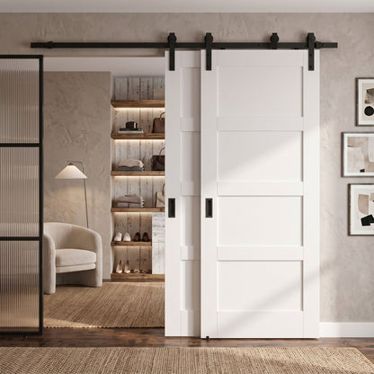 White Primed Shaker 4 Panel Bypass Sliding Door - Black Face Mounted
