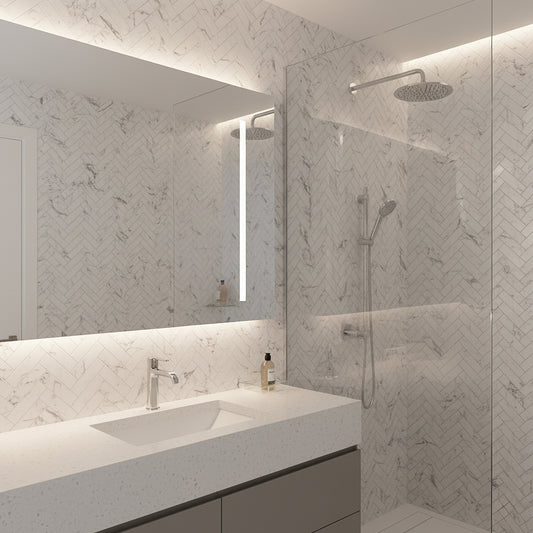 Wetwall Alloy Carrara Marble Herringbone 2440x1200mm Shower Panel