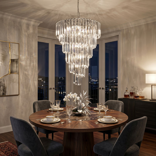 Chrome Sigma 9 Light Chandelier With Crystal Acrylic Prisms and Balls