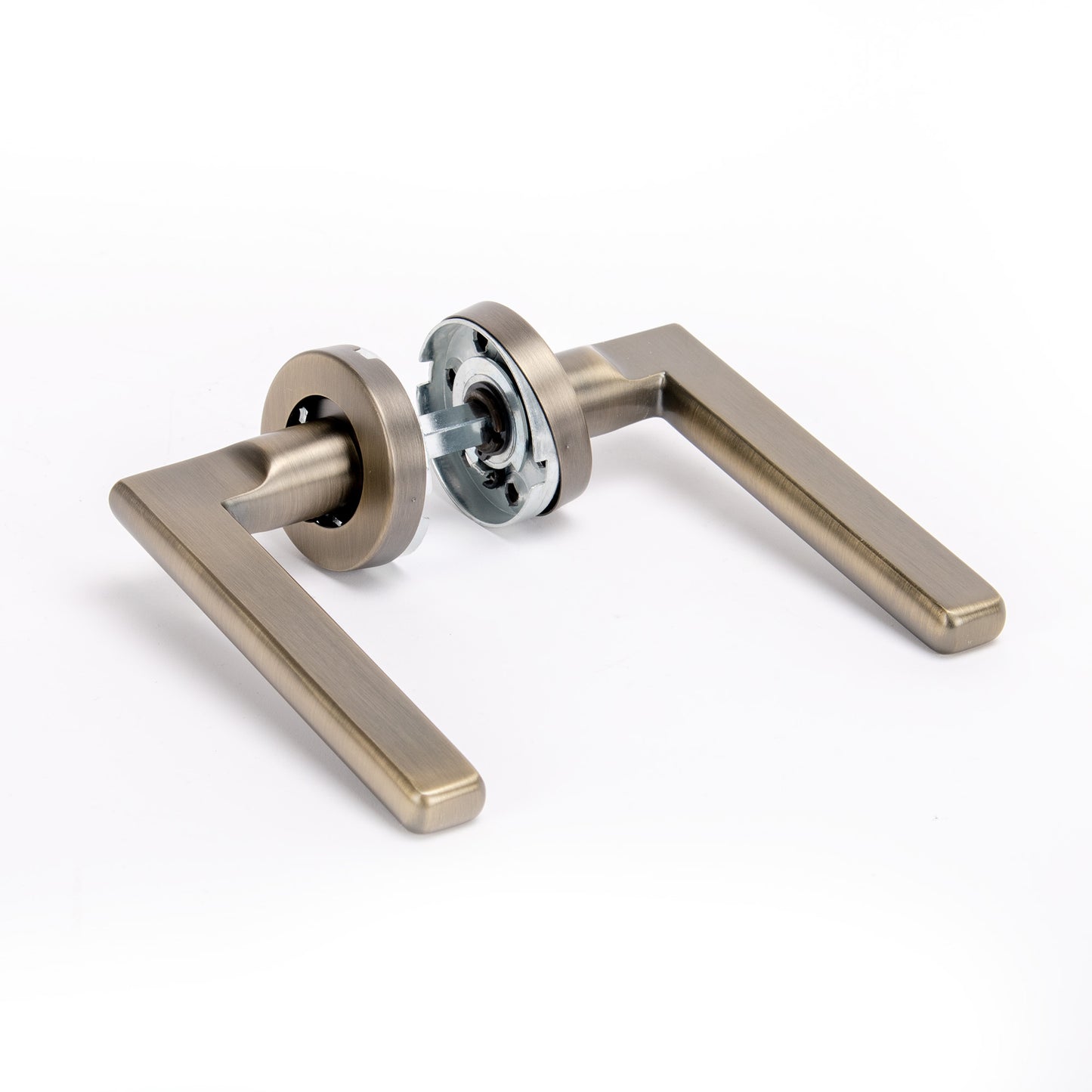 Superior Luna Lever on Round Rose Bathroom Handle Set - Antique Brass