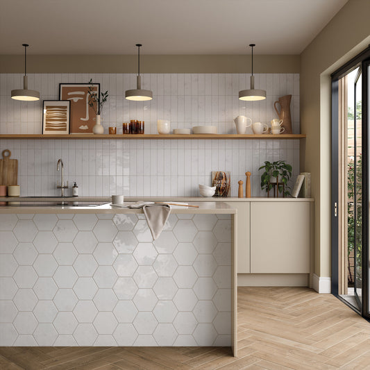 White Gloss - Aura 8mm Smooth Hexagon Waterproof Ceramic Wall Tile