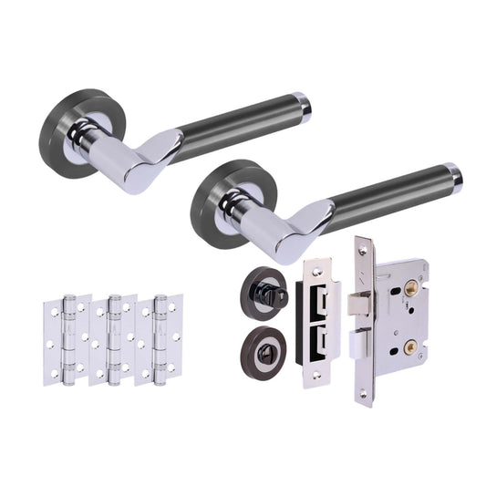 Premium Enterprise Lever On Round Rose Bathroom Handle Set - Black Nickel and Polished Chrome