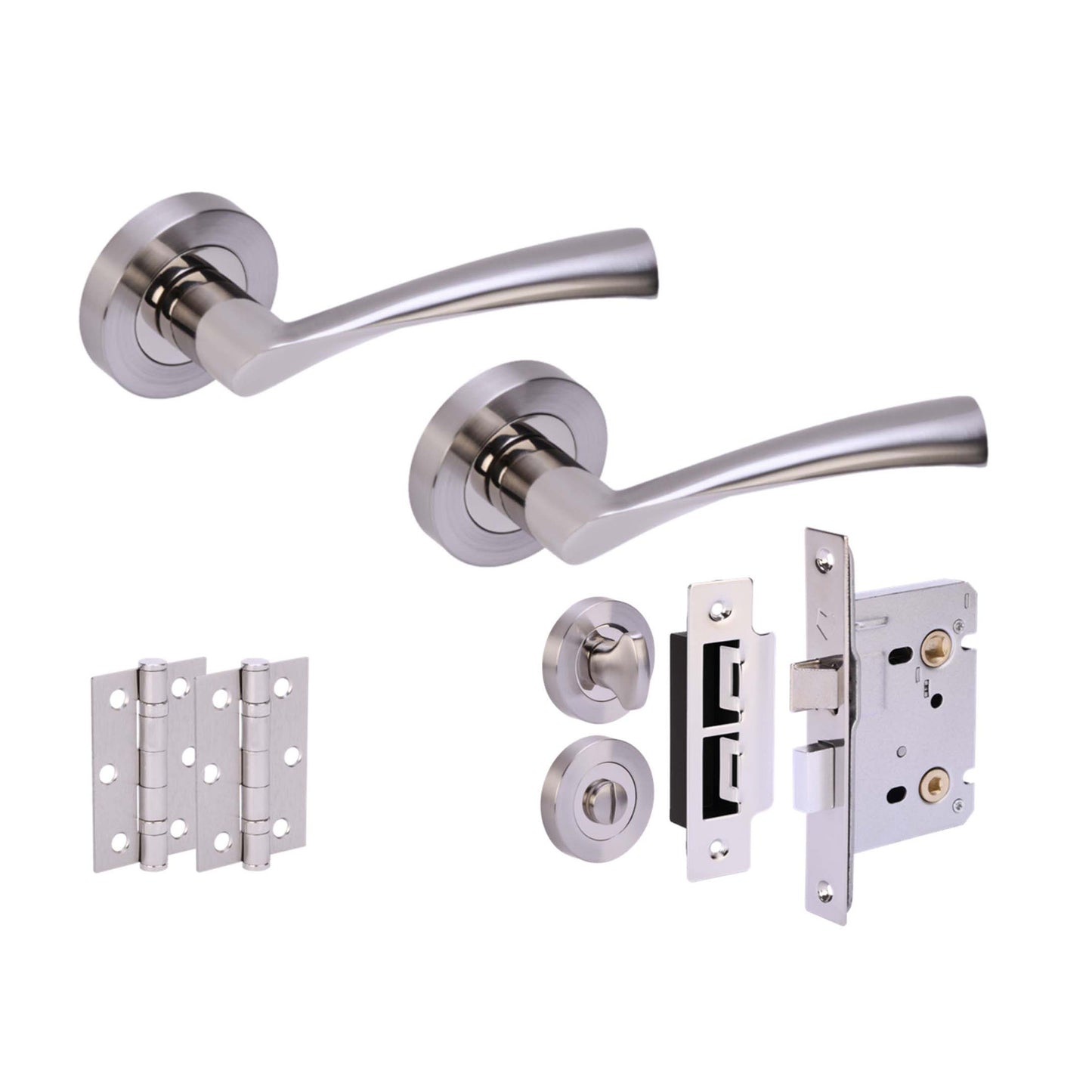 Designer Twist Bathroom Lever On Round Rose Handle Set - Polished Chrome and Satin Nickel