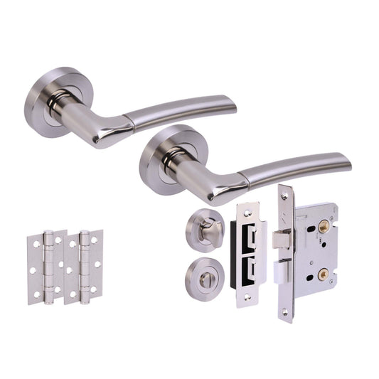 Designer Zoom Bathroom Lever On Round Rose Handle Set - Polished Chrome and Satin Nickel