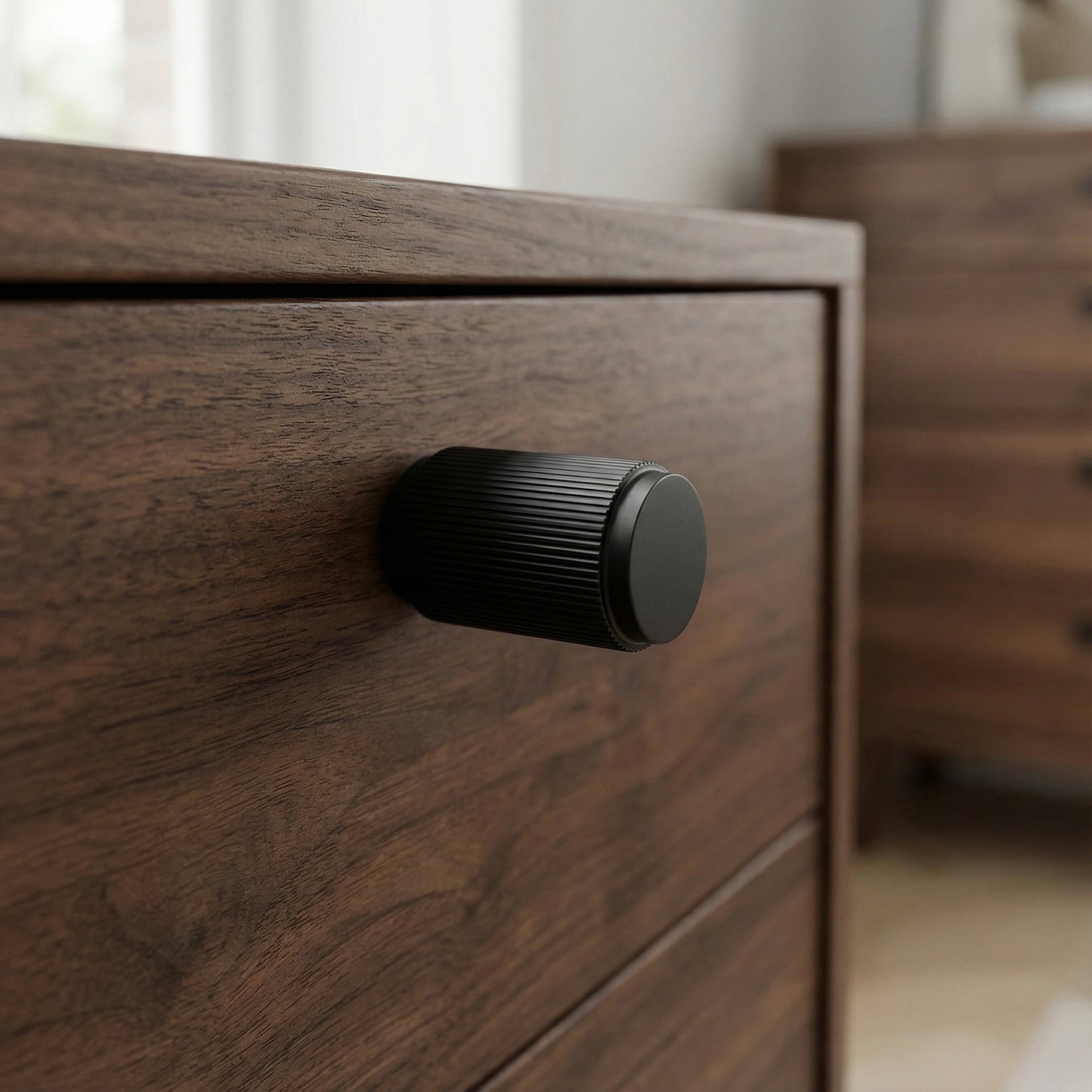 Fluted Large Round Cabinet Door Knob - Matt Black