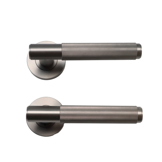 Fluted Lever on Round Rose Door Handle Set - Gun Metal