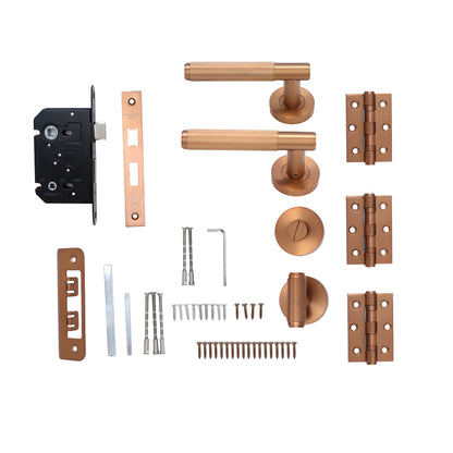 Fluted Lever on Round Rose Bathroom Door Handle Set - Rose Gold