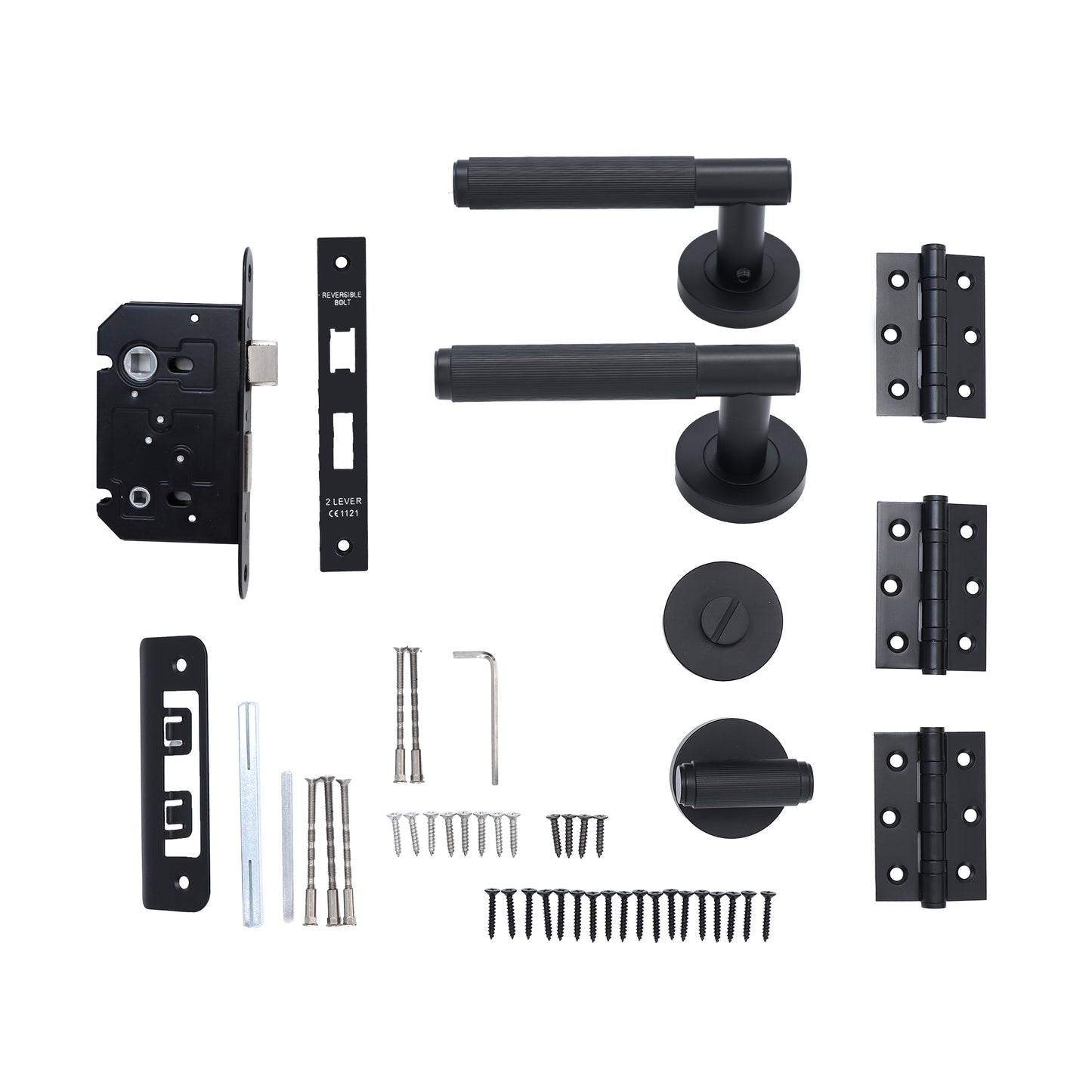 Fluted Lever on Round Rose Bathroom Door Handle Set - Matt Black