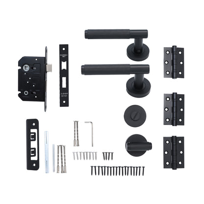 Fluted Lever on Round Rose Bathroom Door Handle Set - Matt Black