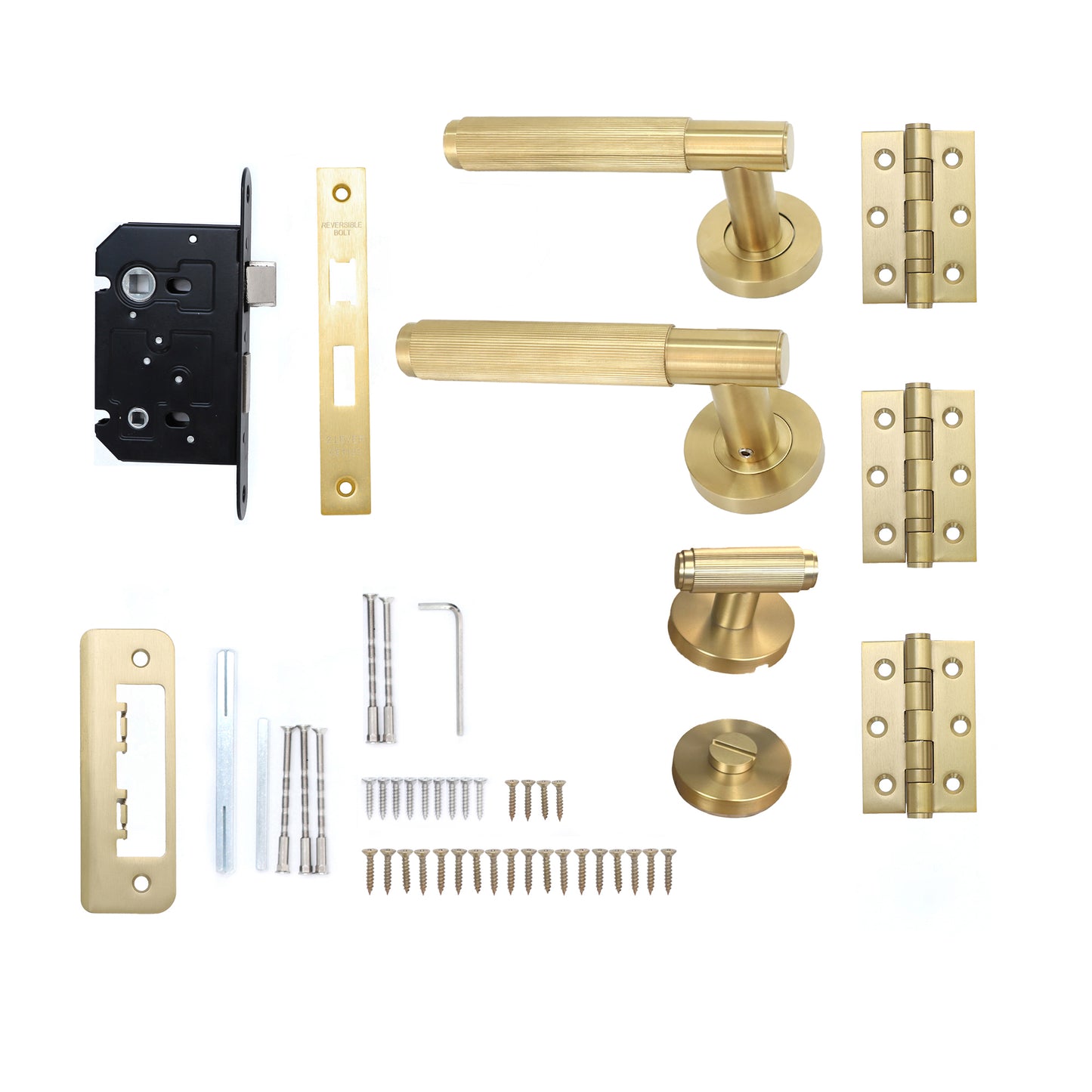 Fluted Lever on Round Rose Bathroom Door Handle Set - Satin Gold