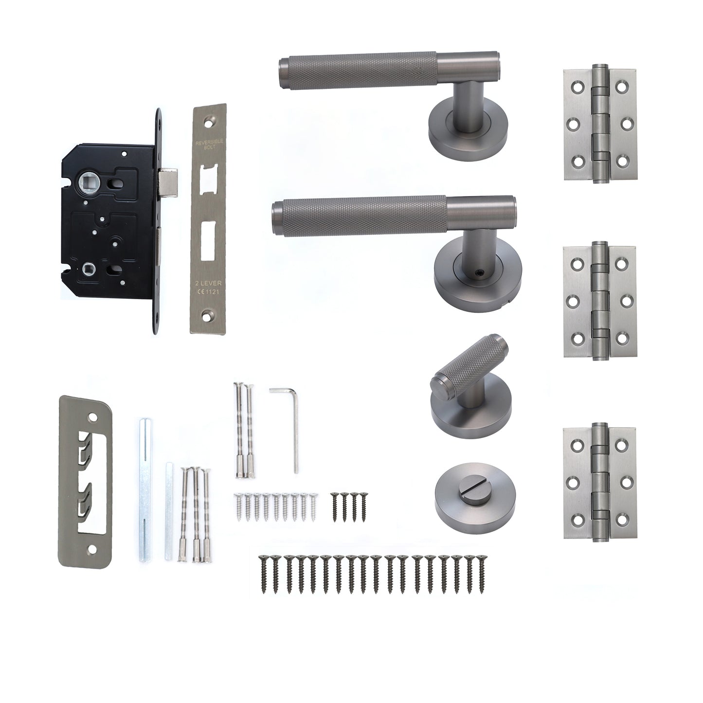 Knurled Lever on Round Rose Bathroom Door Handle Set - Gun Metal