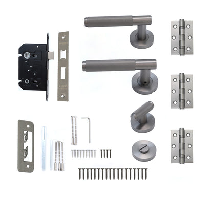 Knurled Lever on Round Rose Bathroom Door Handle Set - Gun Metal