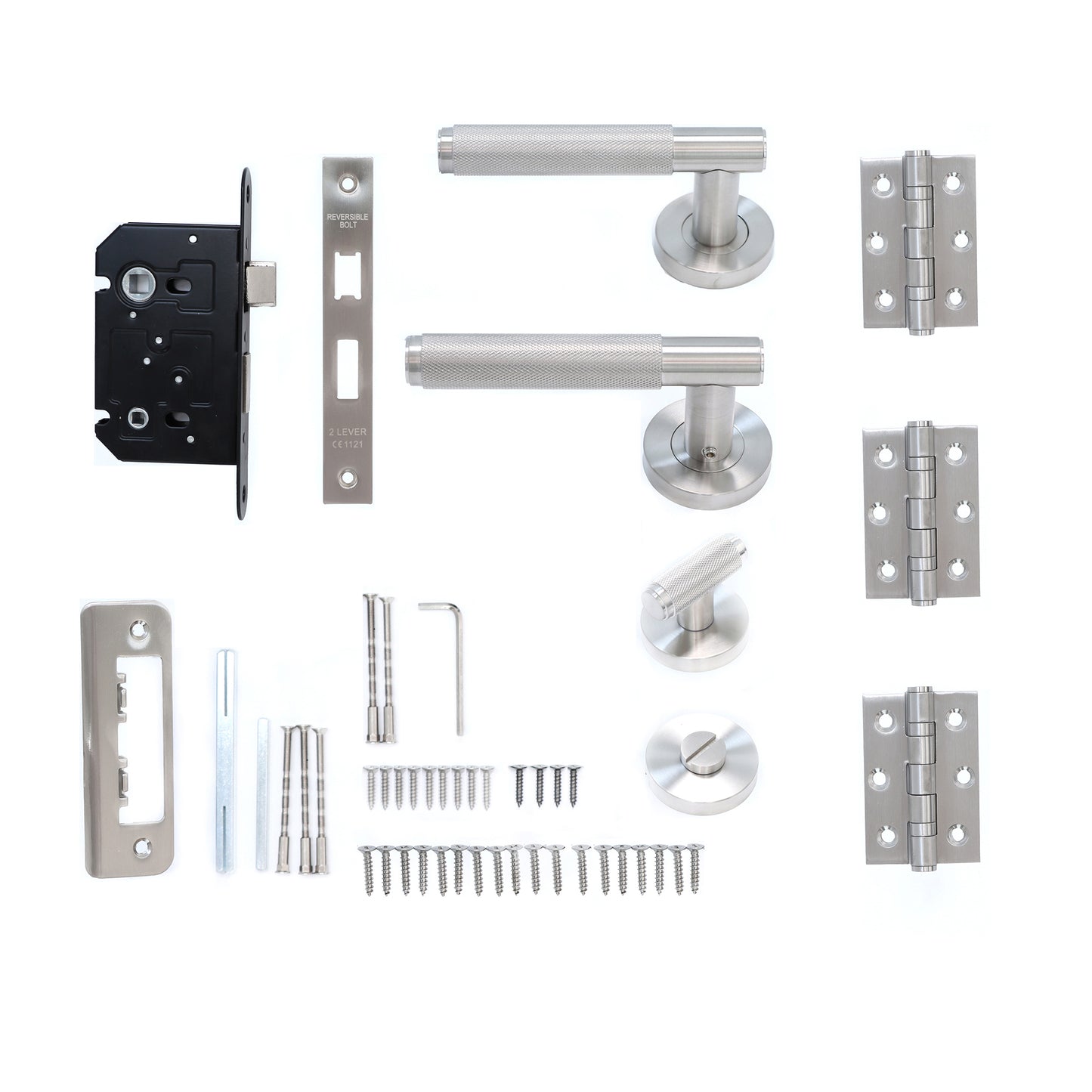 Knurled Lever on Round Rose Bathroom Door Handle Set - Satin Stainless Steel