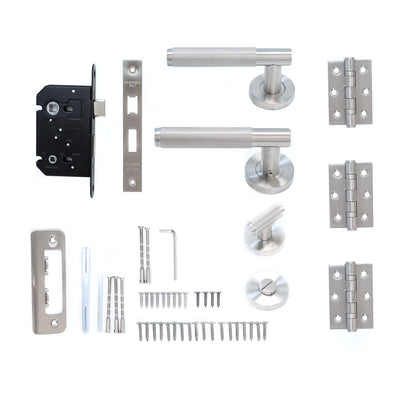 Knurled Lever on Round Rose Bathroom Door Handle Set - Satin Stainless Steel