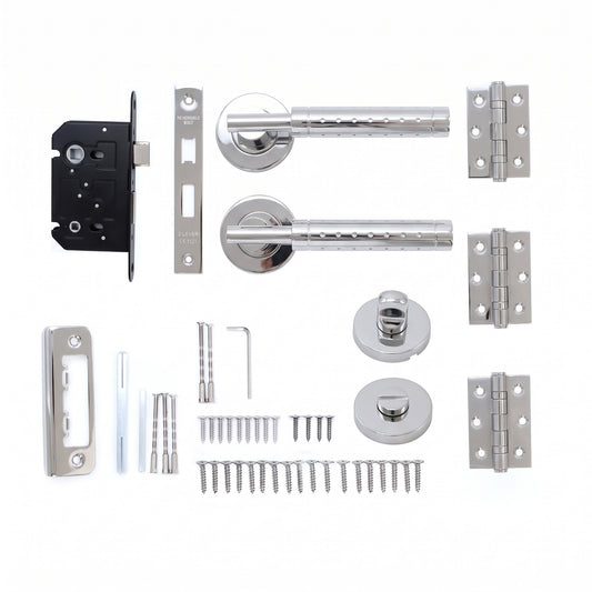 Superior Proxima Lever on Round Rose Bathroom Handle Set - Polished Stainless Steel