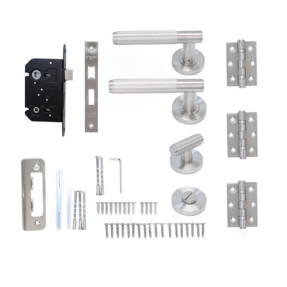 Fluted Lever on Round Rose Bathroom Door Handle Set - Satin Stainless Steel