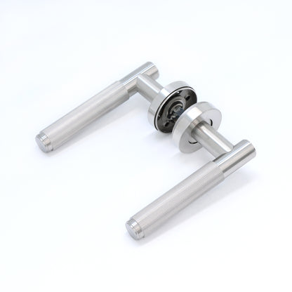 Fluted Lever on Round Rose Door Handle Set - Satin Stainless Steel