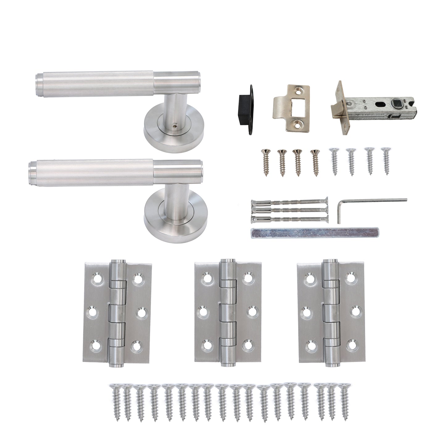 Fluted Lever on Round Rose Door Handle Set - Satin Stainless Steel