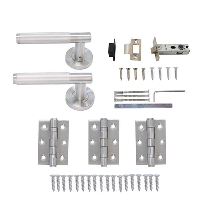 Fluted Lever on Round Rose Door Handle Set - Satin Stainless Steel