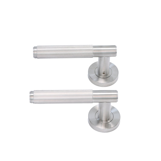 Fluted Lever on Round Rose Door Handle Set - Satin Stainless Steel