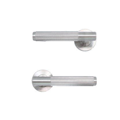 Fluted Lever on Round Rose Door Handle Set - Satin Stainless Steel
